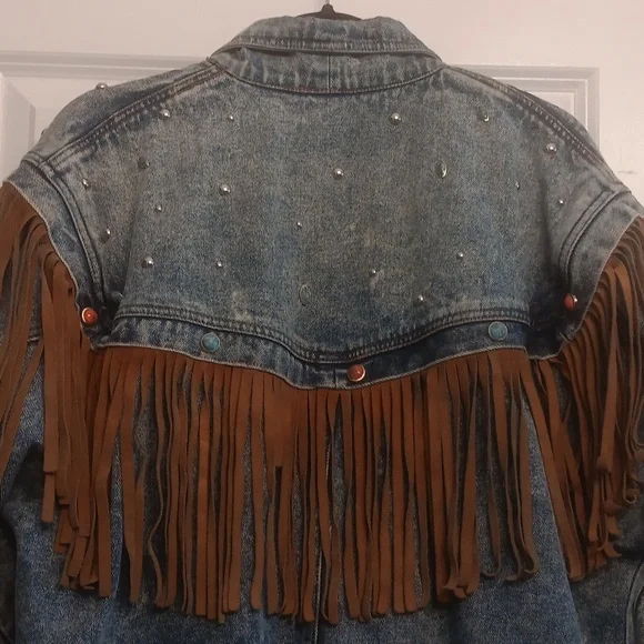 SB ll by Bitterman leather fringe Denim Jacket Vintage BOHO small - Picture 10 of 15